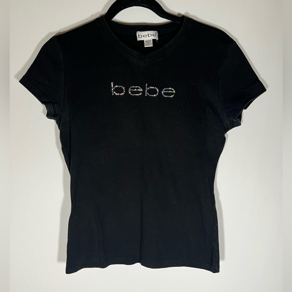 VINTAGE 90s Bebe black v-neck tshirt logo rhinestones sz L made in USA retro - Picture 9 of 11